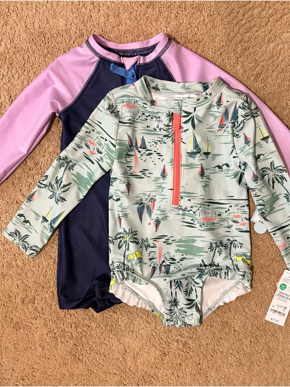 Carter's Girls One-Piece Rash Guard Swimsuit in Seafoam, Navy and Lavender